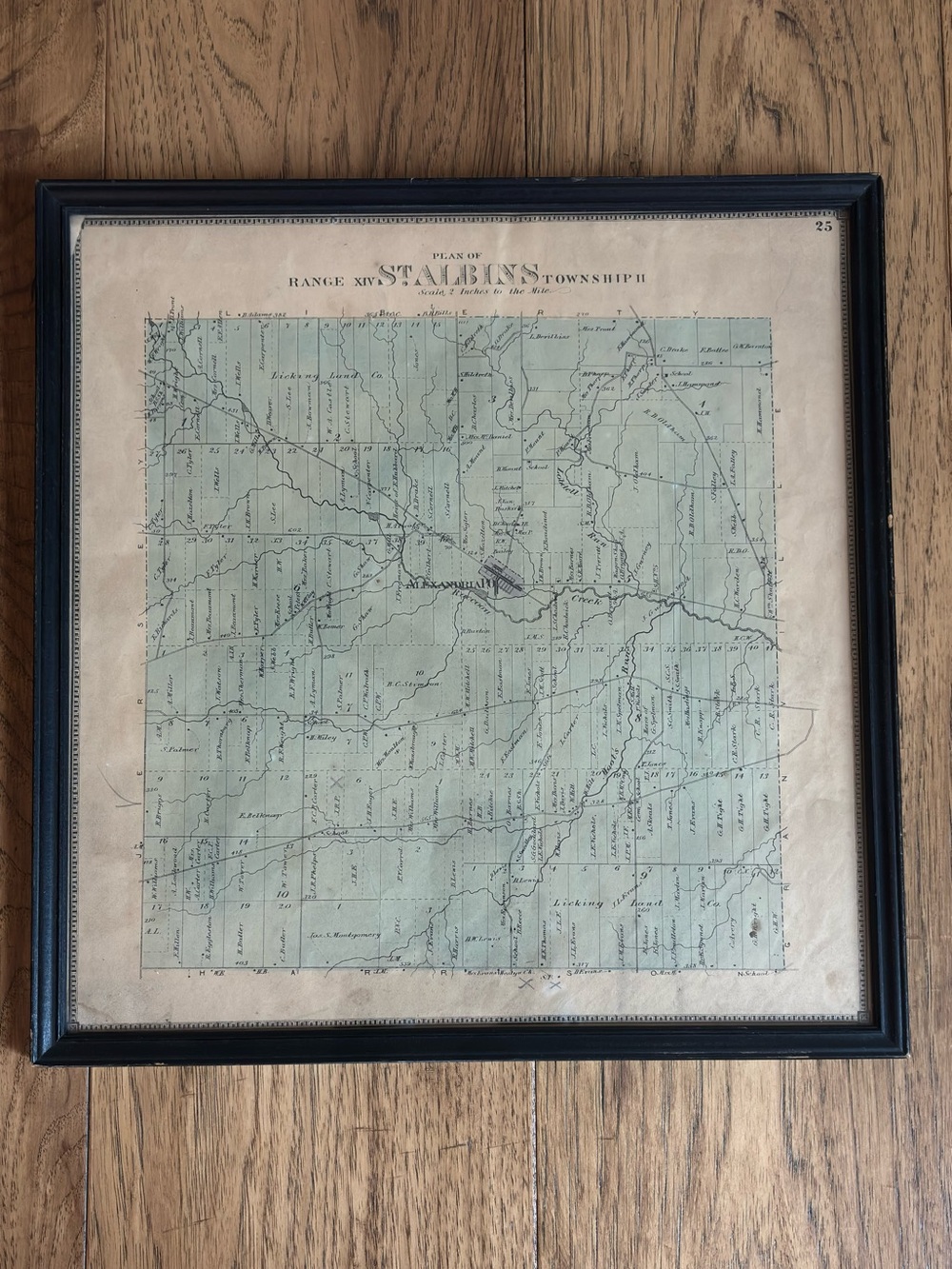 Vintage Framed 1875 Licking County, Ohio Township Map.